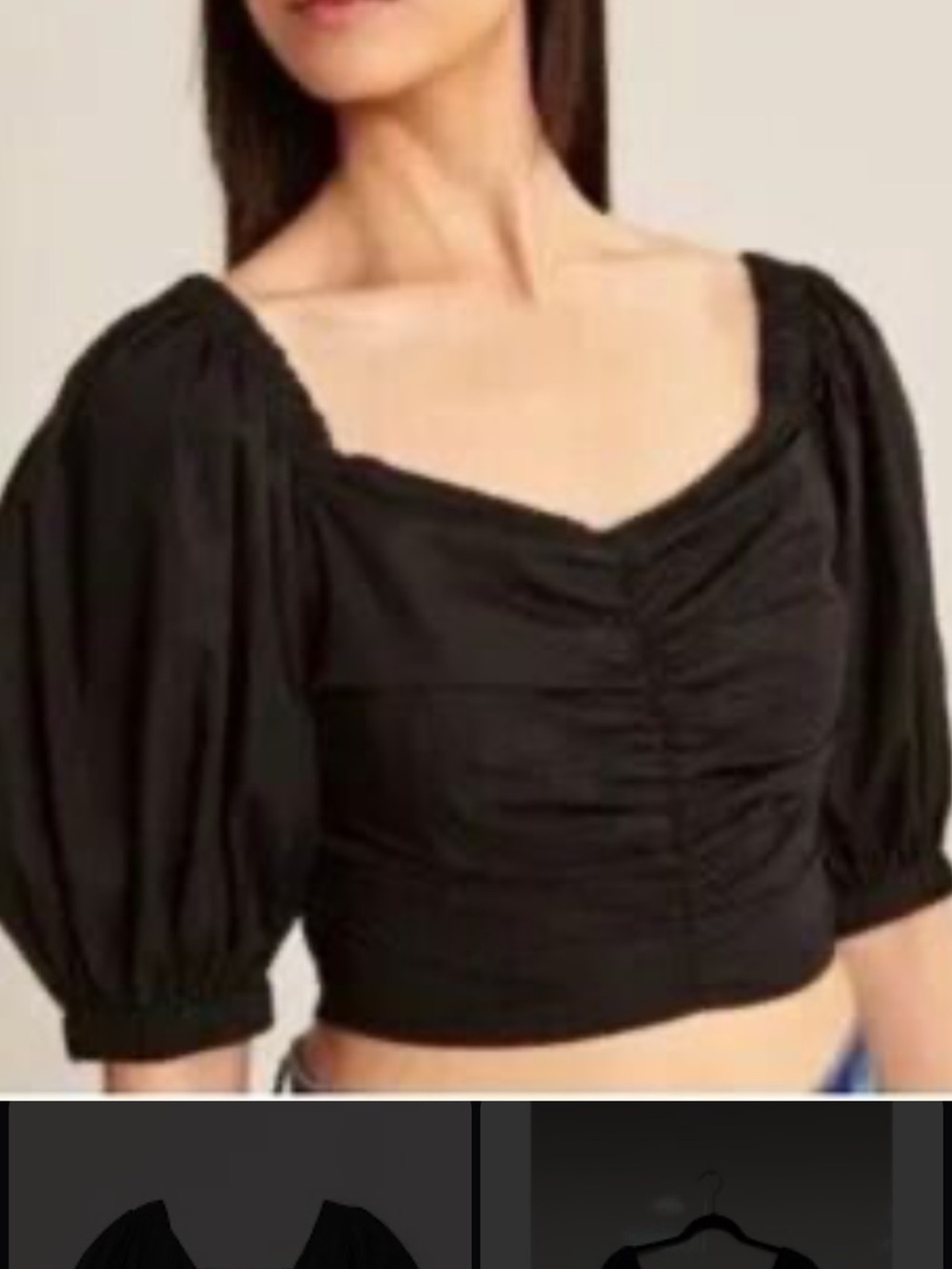 Abercrombie & Fitch Black Ruched Square-Neck Puff-Sleeve Crop Top